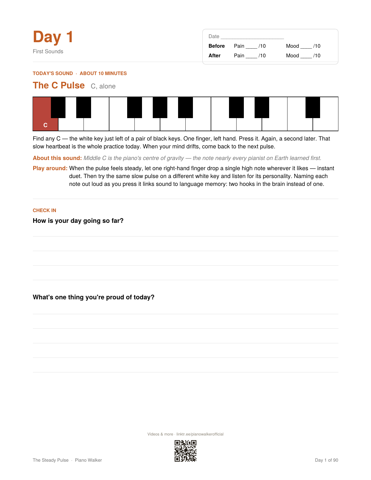 Day 1 journal page — The Pulse, pressing a single low C