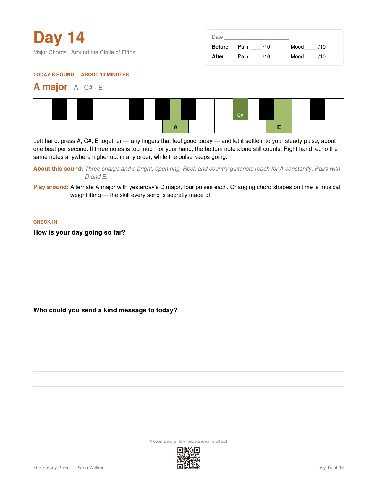 Day 14 journal page — the A major chord shown on the keyboard